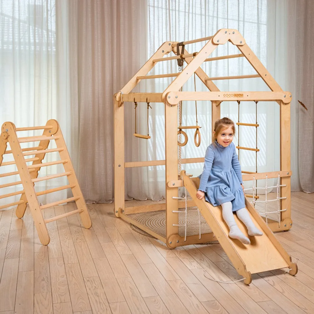 Indoor Wooden Playhouse - With Triangle Ladder, Slide Board And Swings