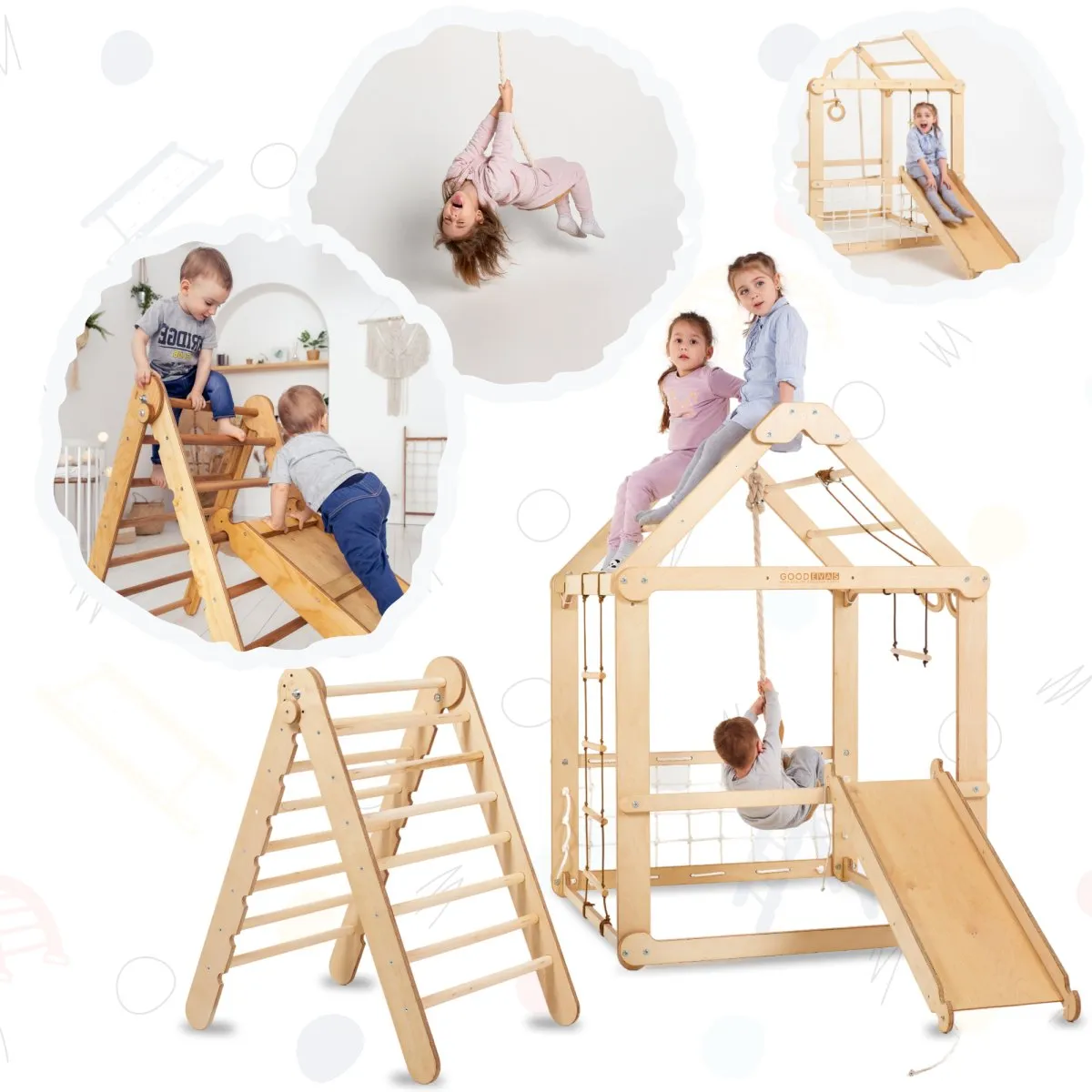 Indoor Wooden Playhouse - With Triangle Ladder, Slide Board And Swings