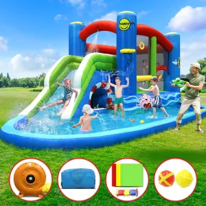 Kids Inflatable Water Slide Park with Cannon & Trampoline | Happy Hop