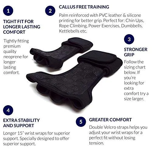 Kobo WTG-18 Professional Best Gymnastic Hand Grips/Cross Fitness Gloves for Pull Ups/Gym Gloves for Fitness/Functional Training Hand Protector (Black, Large)