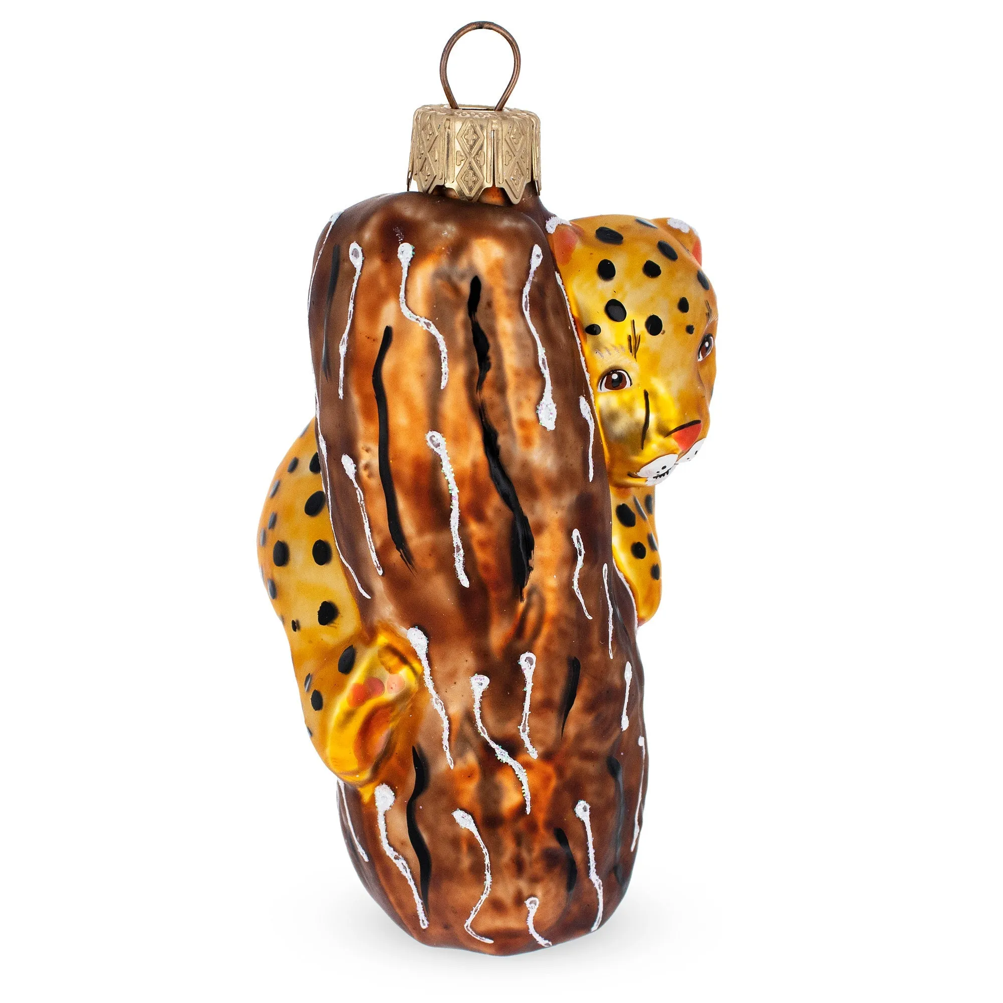 Leopard Climbing A Tree Branch Glass Christmas Ornament