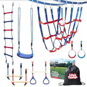 Lily's Things Double Slackline Obstacle Course for Kids 110 Foot Line Ninja Warrior Obstacle Course Patented Double Line Design Unique Outdoor Ultimate Playground Climbing Challenge (Cargo Net Set)