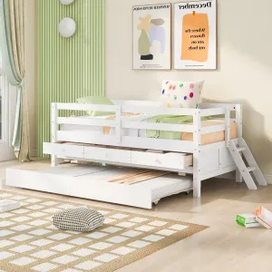 Low Loft Bed Twin Size with Full Safety Fence, Climbing ladder, Storage Drawers and Trundle White Solid Wood Bed