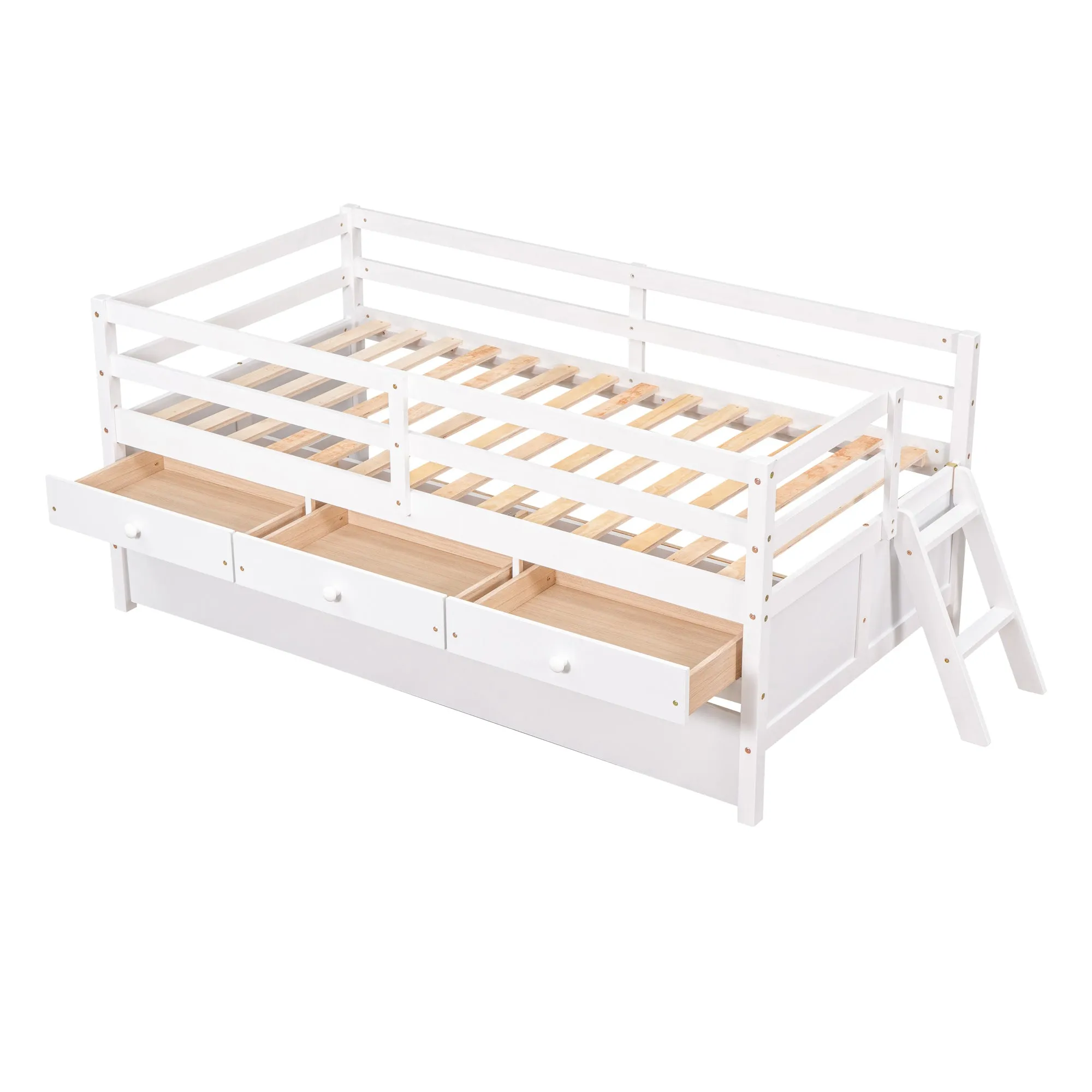 Low Loft Bed Twin Size with Full Safety Fence, Climbing ladder, Storage Drawers and Trundle White Solid Wood Bed