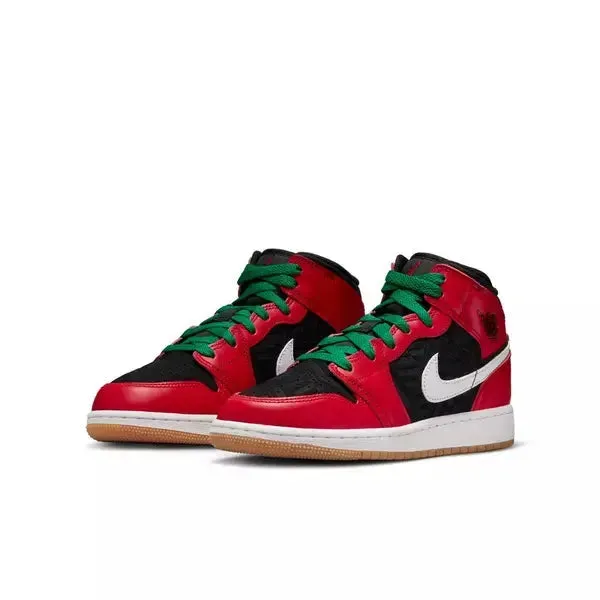 Nike Kid's Air Jordan 1 Mid SE Shoes - Fire Red / Black / Malachite Green / White