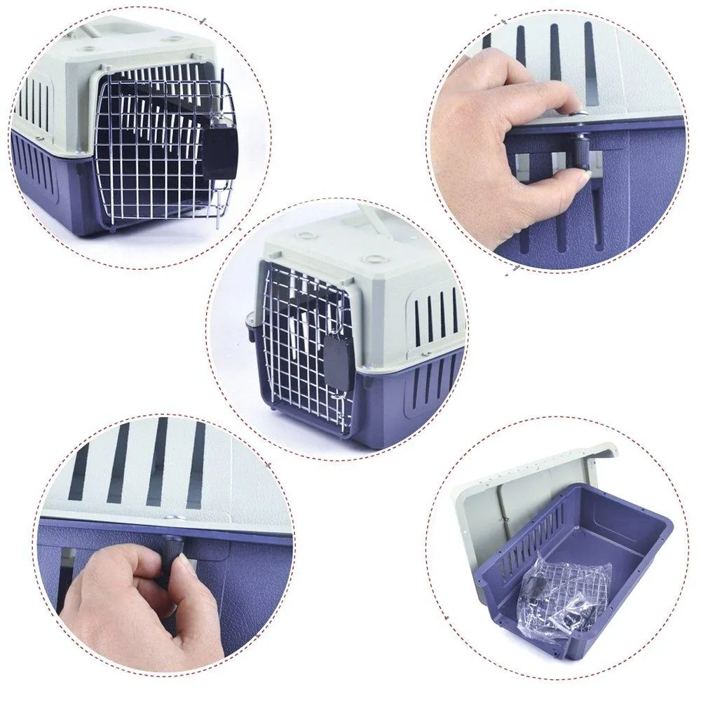 Plastic Cat & Dog Carrier Cage with Chrome Door Portable Pet Box Airline Approved, Medium, Dark Blue