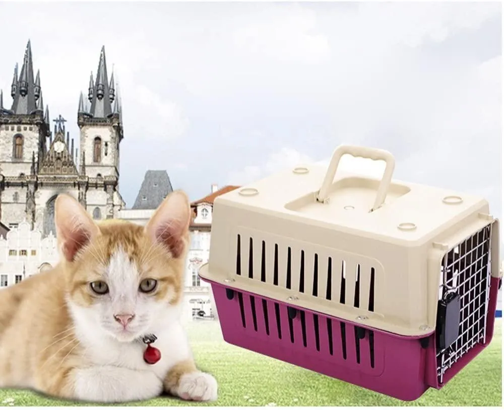 Plastic Cat & Dog Carrier Cage with Chrome Door Portable Pet Box Airline Approved, Medium, Red