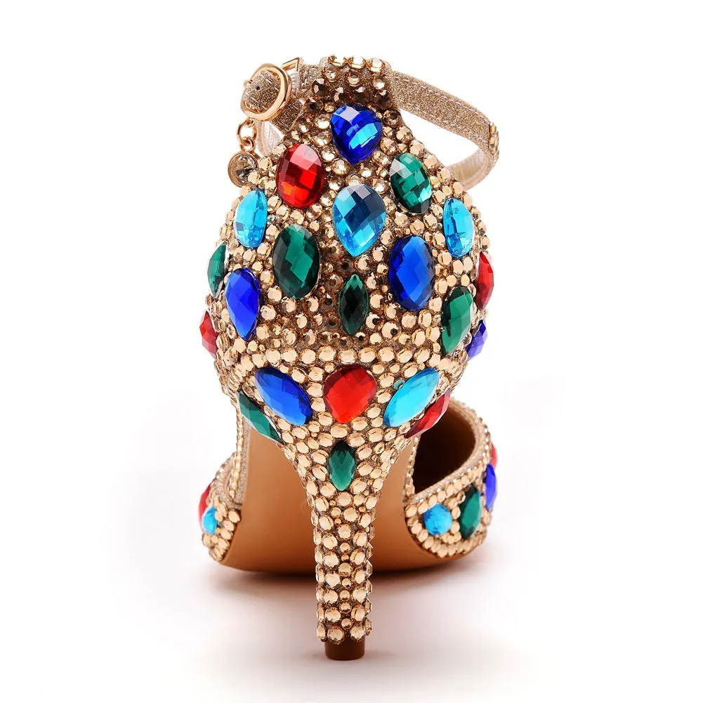 Pointed Toe Colorful Rhinestone Decor Ankle-Strap High Heels