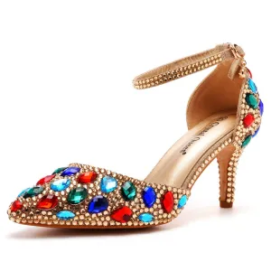 Pointed Toe Colorful Rhinestone Decor Ankle-Strap High Heels