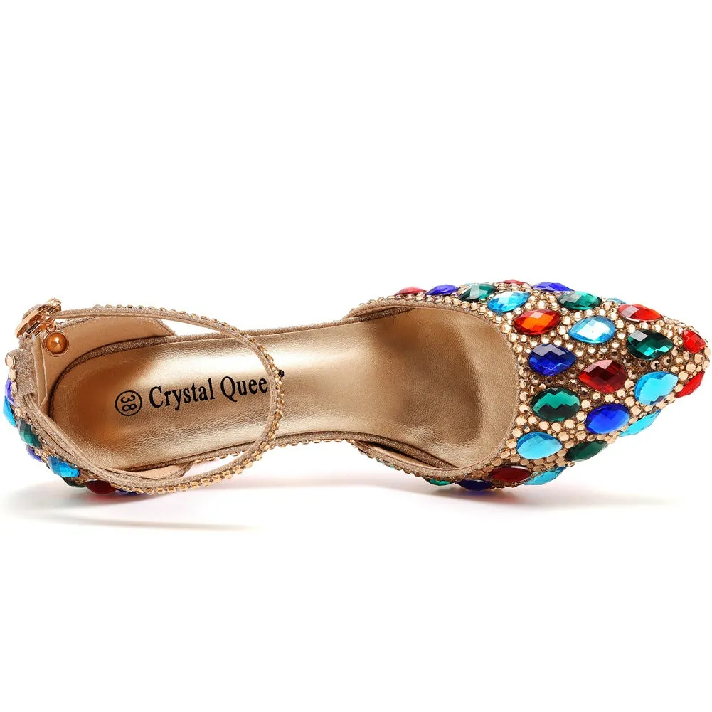 Pointed Toe Colorful Rhinestone Decor Ankle-Strap High Heels