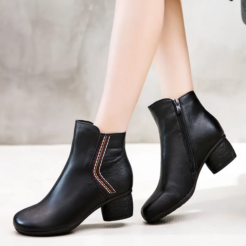 Retro Leather Soft Bottom Chunky Boots