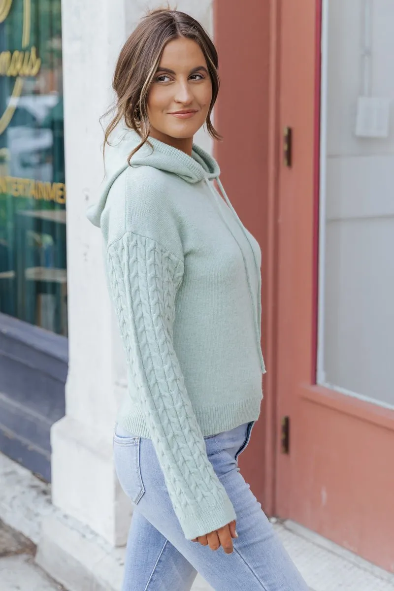 Sage Cable Knit Sleeve Hooded Sweater - DOORBUSTER