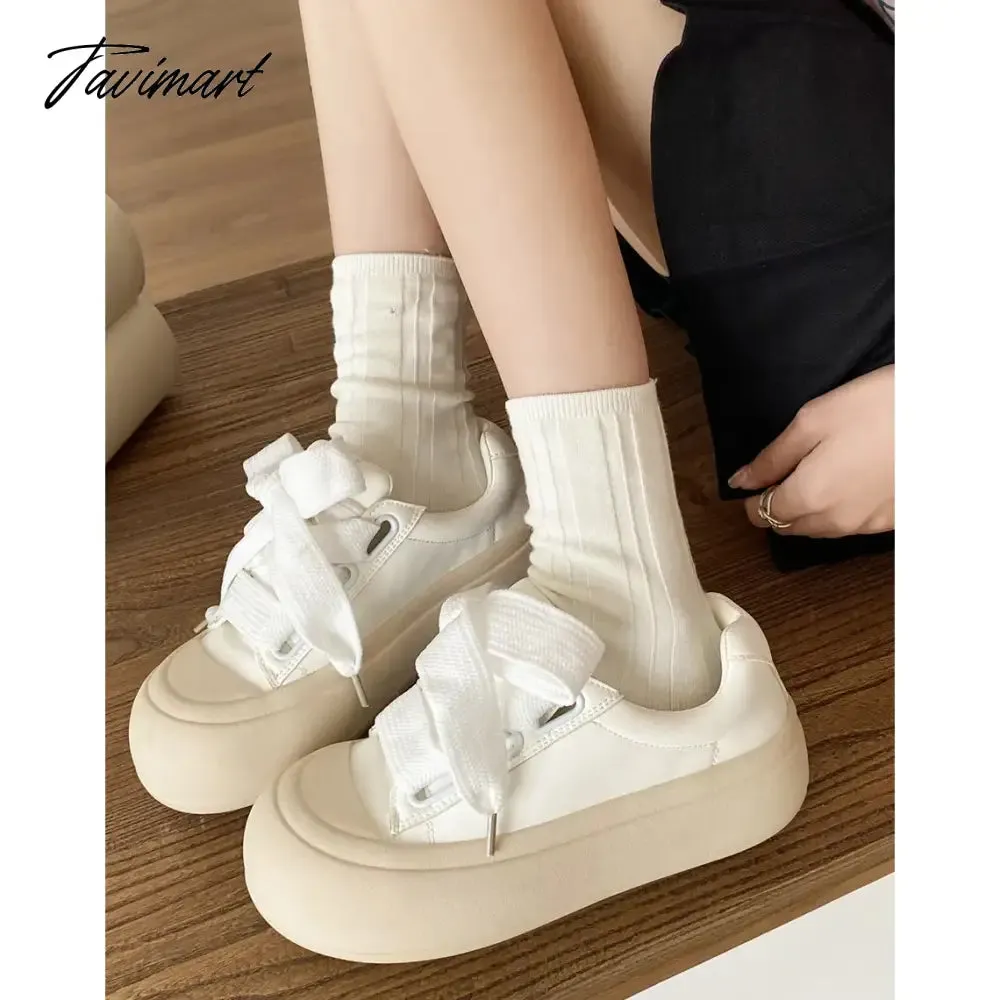 Tavimart Shoes Spring and Autumn New Versatile Lightweight White Shoes Hong Kong Style Student Elevated Thick Sole Shoes