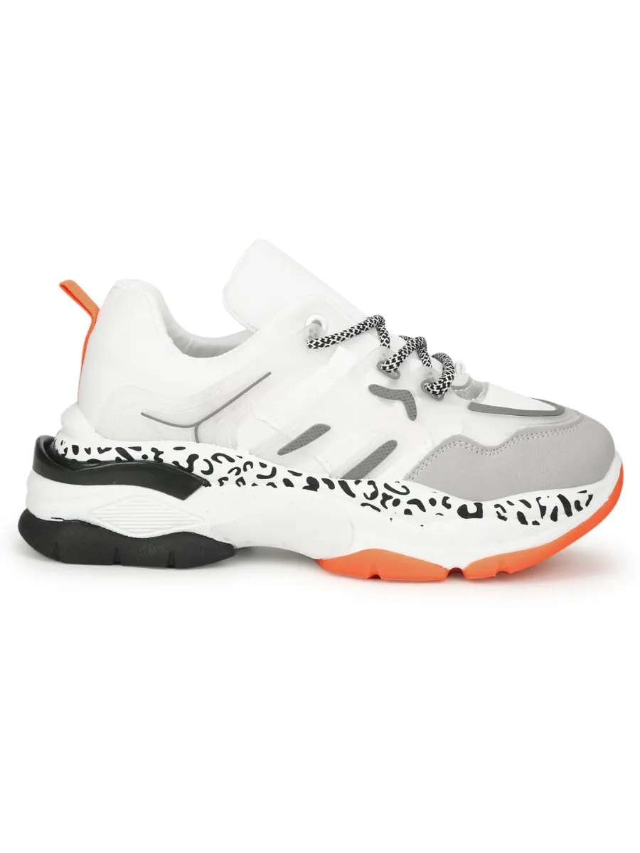 White Orange PU Lace-Up Chunky Sneakers