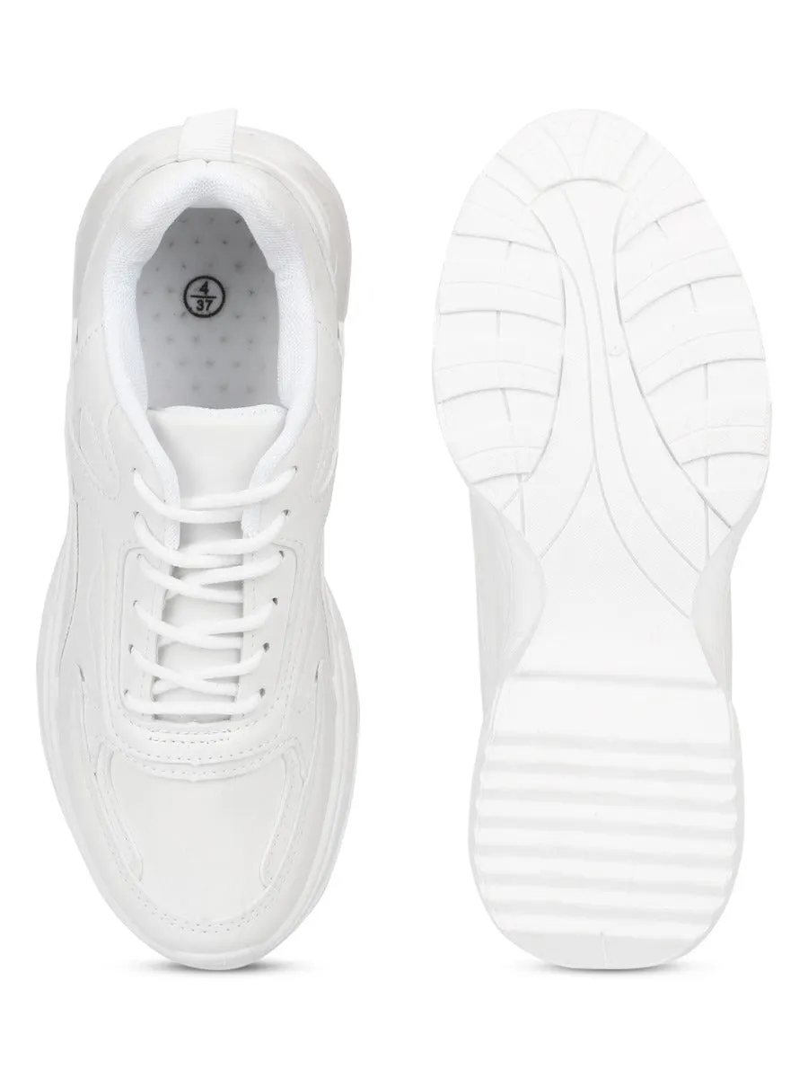 White PU Cleated Bottom Lace-Up Chunky Sneakers