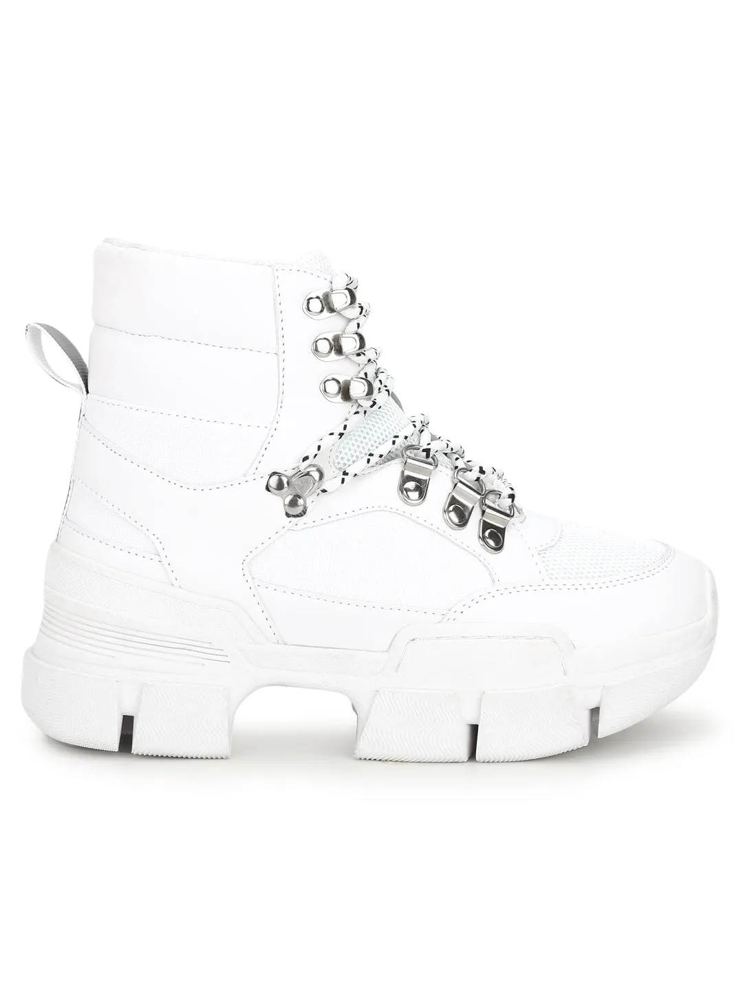 White PU Heeled Lace-Up Sneakers