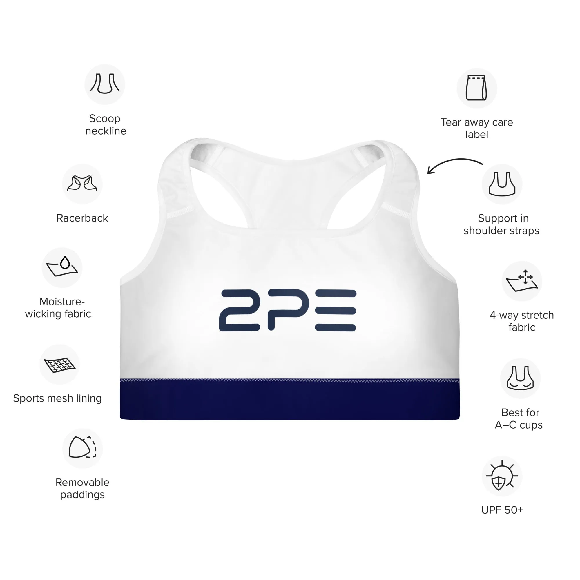 White with Navy Padded Sports Bra