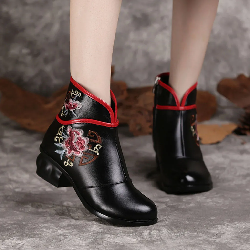 Winter Genuine Leather Embroidery Chunky Heel 35-41 | Gift Shoes