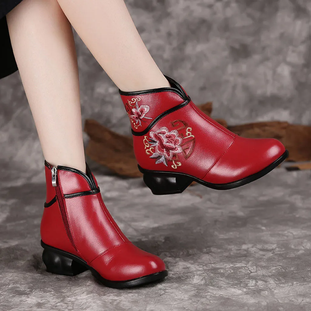 Winter Genuine Leather Embroidery Chunky Heel 35-41 | Gift Shoes