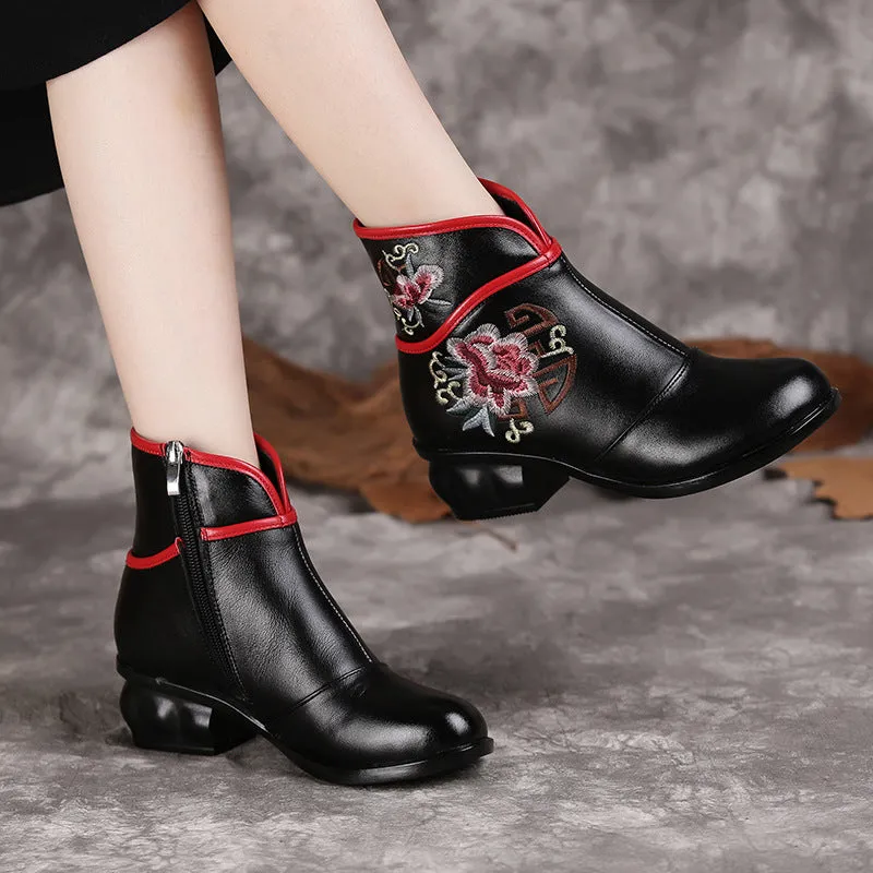 Winter Genuine Leather Embroidery Chunky Heel 35-41 | Gift Shoes