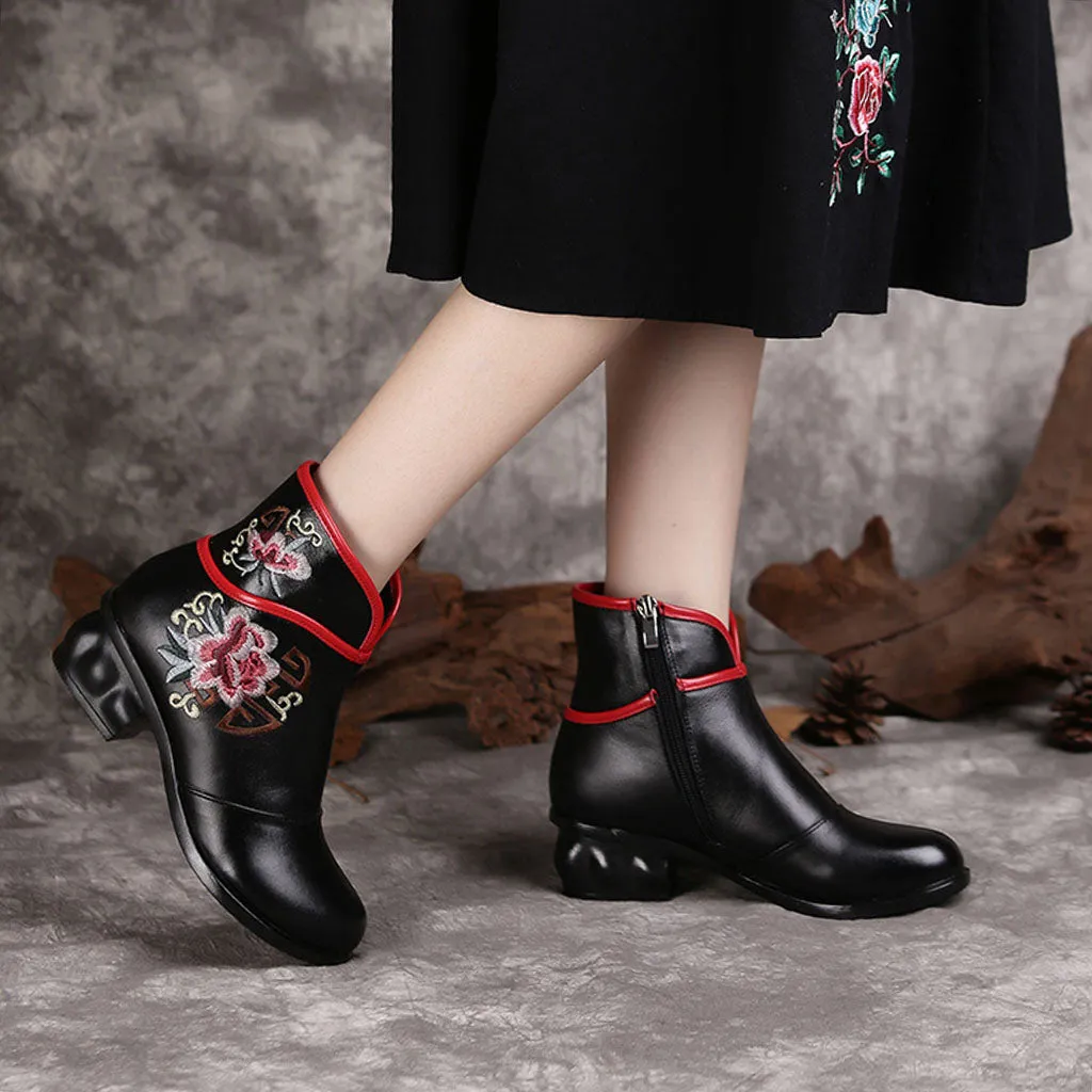 Winter Genuine Leather Embroidery Chunky Heel 35-41 | Gift Shoes