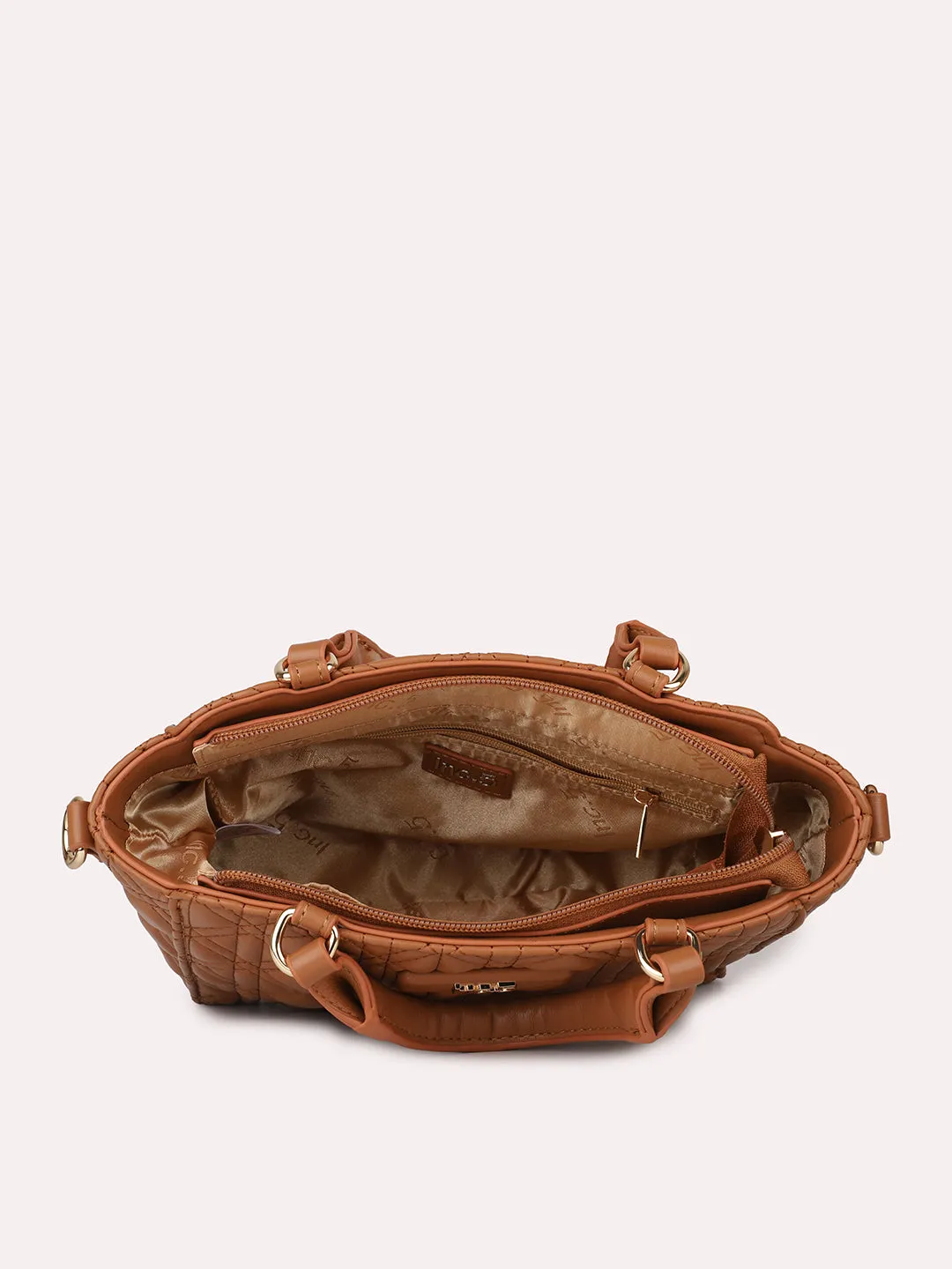 Women Tan Textured Shoulder Bag With Quilted Detailing